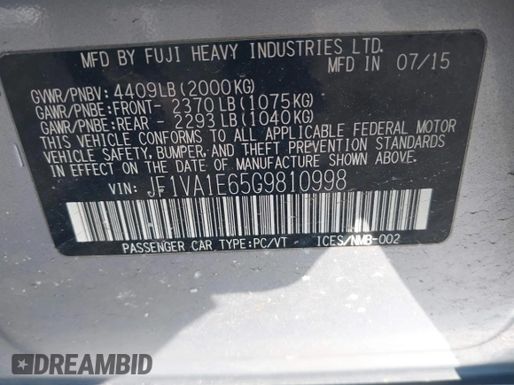 2016 Subaru WRX Premium with VIN JF1VA1E65G9810998, listed as a IAAI auction lot 41545599 with 123,135 mi miles. Bid and sale history available at carsss.com. Image 9.