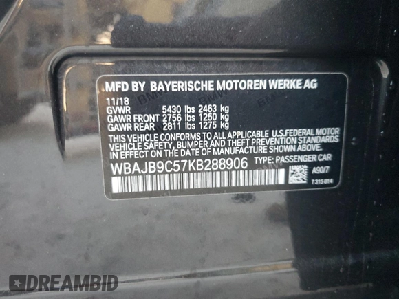 2019 BMW 5 Series M550i xDrive with VIN WBAJB9C57KB288906, listed as a Copart auction lot 79846274 with 61,744 mi miles and Salvage title. Bid and sale history available at DreamBid. Image 15.