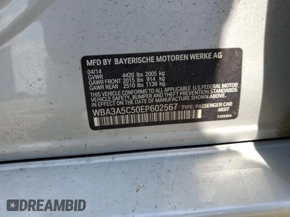 2014 BMW 3 Series 328i with VIN WBA3A5C50EP602567, listed as a Copart auction lot 57306085 with 117,561 mi miles and Salvage title. Bid and sale history available at DreamBid. Image 12.