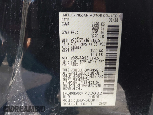 2018 Nissan Frontier SV with VIN 1N6AD0EV0JN733082, listed as a IAAI auction lot 41506210 with Not provided miles and . Bid and sale history available at DreamBid. Image 9.
