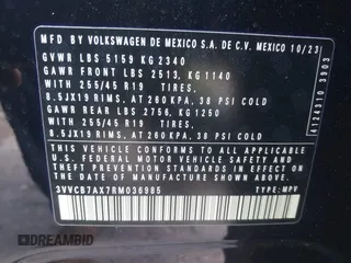 2024 Volkswagen Tiguan SE R-Line Black с VIN 3VVCB7AX7RM036985, выставлен на аукционе IAAI как лот 41709085 с пробегом 19 255 миль миль и . История ставок и продаж доступна на DreamBid. Изображение 9.