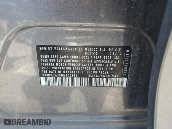 2013 Volkswagen Jetta TDI w/Sunroof with VIN 3VWPL7AJ9DM622859, listed as a Copart auction lot 55269435 with 129,465 mi miles and Salvage title. Bid and sale history available at DreamBid. Image 12.