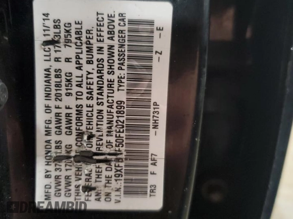 2015 Honda Civic LX with VIN 19XFB2F50FE021899, listed as a Copart auction lot 50807335 with 80,866 mi miles and Salvage Title. Bid and sale history available at DreamBid. Image 12.