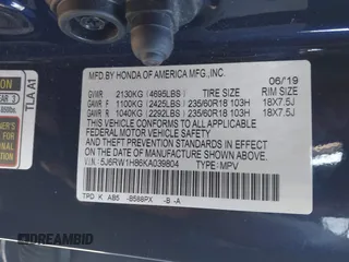 2019 Honda CR-V EX-L with VIN 5J6RW1H86KA039804, listed as a IAAI auction lot 41257009 with 38,529 mi miles. Bid and sale history available at carsss.com. Image 9.