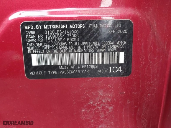 2020 Mitsubishi Mirage G4 SE with VIN ML32F4FJ4LHF12869, listed as a IAAI auction lot 41790006 with 10,422 mi miles. Bid and sale history available at carsss.com. Image 9.