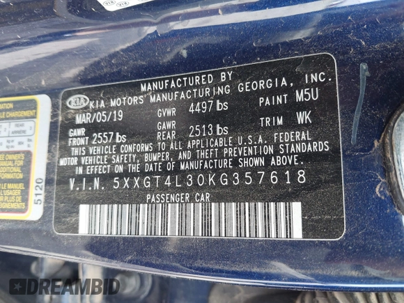 2019 Kia Optima LX z VIN 5XXGT4L30KG357618, wystawiony jako IAAI lot #41854957 z przebiegiem Nie podano mil oraz . Historia ofert i sprzedaży dostępna na DreamBid. Obrazek 9.