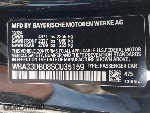 2025 BMW 4 Series 430i z VIN WBA33DB08SCU35159, wystawiony jako IAAI lot #42019631 z przebiegiem 895 mil mil oraz . Historia ofert i sprzedaży dostępna na DreamBid. Obrazek 9.