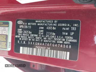 2015 Kia Optima LX with VIN 5XXGM4A76FG474368, listed as a IAAI auction lot 42303998 with 146,318 mi miles and . Bid and sale history available at DreamBid. Image 9.