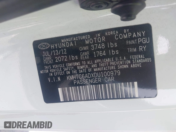 2013 Hyundai Veloster w/Black Int with VIN KMHTC6ADXDU100979, listed as a IAAI auction lot 42369224 with Not provided miles and . Bid and sale history available at DreamBid. Image 9.
