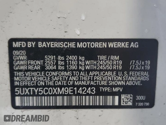 2021 BMW X3 xDrive30i with VIN 5UXTY5C0XM9E14243, listed as a Copart auction lot 50963755 with 27,539 mi miles and Non Repairable. Bid and sale history available at DreamBid. Image 14.