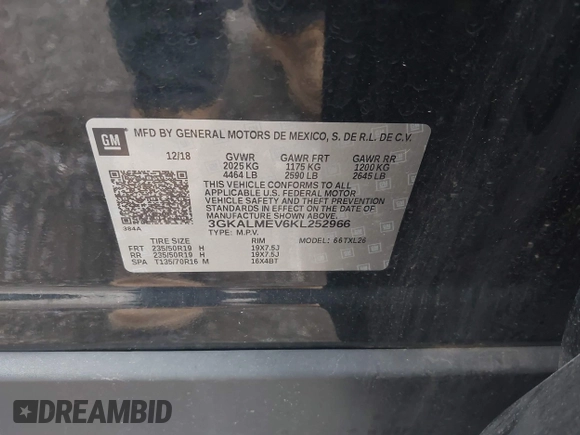 2019 GMC Terrain SLE z VIN 3GKALMEV6KL252966, wystawiony jako IAAI lot #42270781 z przebiegiem 88 955 mil mil oraz . Historia ofert i sprzedaży dostępna na DreamBid. Obrazek 9.