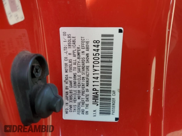 2000 Honda S2000 with VIN JHMAP1141YT005448, listed as a Copart auction lot 45676755 with Not Provided miles and Salvage Title. Bid and sale history available at DreamBid. Image 13.