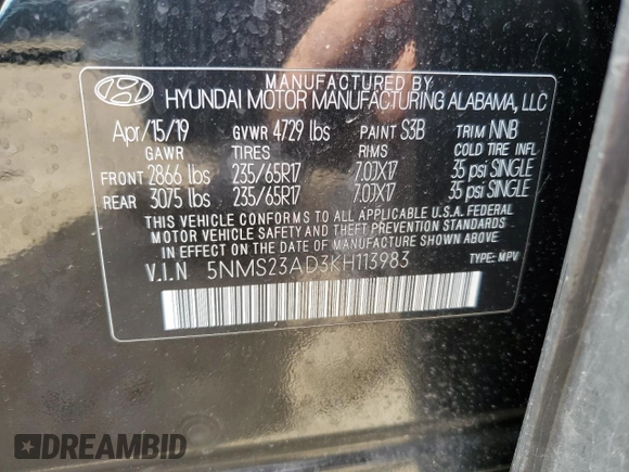 2019 Hyundai Santa Fe SE with VIN 5NMS23AD3KH113983, listed as a Copart auction lot 56008805 with 99,681 mi miles and Salvage title. Bid and sale history available at DreamBid. Image 12.