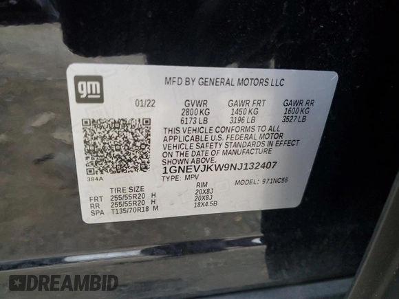 2022 Chevrolet Traverse RS with VIN 1GNEVJKW9NJ132407, listed as a Copart auction lot 72622014 with 89,314 mi miles and Salvage title. Bid and sale history available at DreamBid. Image 12.