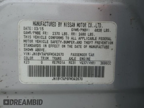 2015 Infiniti Q50 with VIN JN1BV7AP6FM342670, listed as a Copart auction lot 50789215 with 121,117 mi miles and Salvage Title. Bid and sale history available at DreamBid. Image 12.