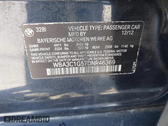 2013 BMW 3 Series 328i with VIN WBA3C1G57DNR46369, listed as a IAAI auction lot 41746413 with 121,584 mi miles and . Bid and sale history available at DreamBid. Image 9.
