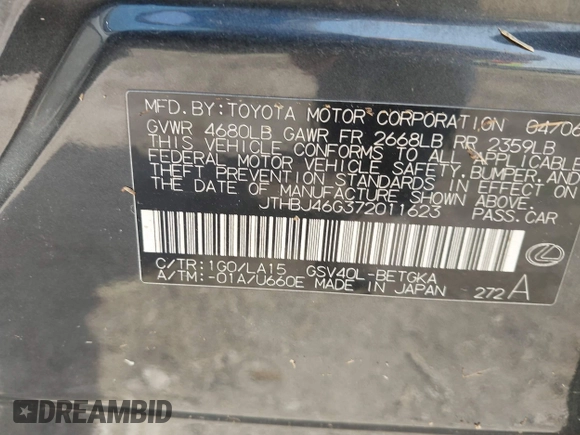 2007 Lexus ES 330 z VIN JTHBJ46G372011623, wystawiony jako IAAI lot #41949959 z przebiegiem Nie podano mil oraz . Historia ofert i sprzedaży dostępna na DreamBid. Obrazek 9.