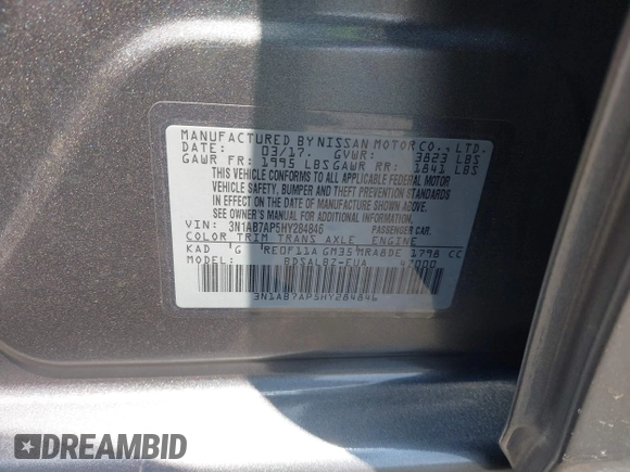 2017 Nissan Sentra SV z VIN 3N1AB7AP5HY284846, wystawiony jako IAAI lot #42779382 z przebiegiem 160 137 mil mil oraz . Historia ofert i sprzedaży dostępna na DreamBid. Obrazek 9.