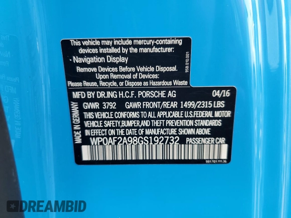 2016 Porsche 911 GT3 RS with VIN WP0AF2A98GS192732, listed as a Copart auction lot 74796104 with 0 mi miles and Salvage Title. Bid and sale history available at carsss.com. Image 13.