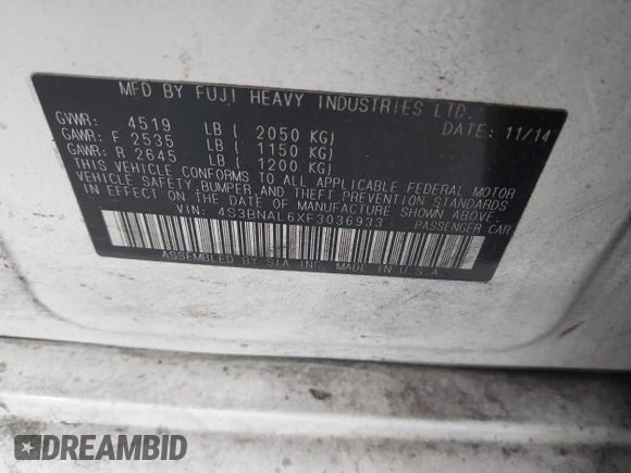 2015 Subaru Legacy 2.5i Limited with VIN 4S3BNAL6XF3036933, listed as a IAAI auction lot 42181789 with 168,407 mi miles. Bid and sale history available at carsss.com. Image 9.