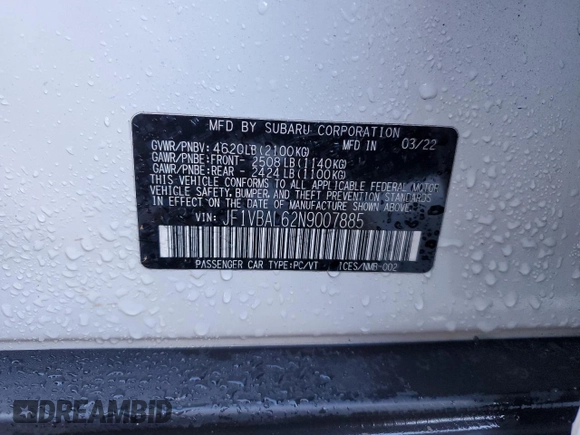 2022 Subaru WRX Limited with VIN JF1VBAL62N9007885, listed as a Copart auction lot 84432524 with 32,580 mi miles and Salvage Title. Bid and sale history available at DreamBid. Image 12.