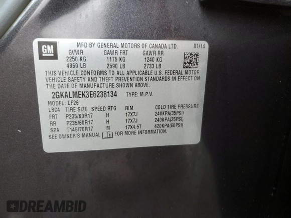 2014 GMC Terrain SLE with VIN 2GKALMEK3E6238134, listed as a Copart auction lot 51143175 with 77,011 mi miles and Salvage Title. Bid and sale history available at DreamBid. Image 15.