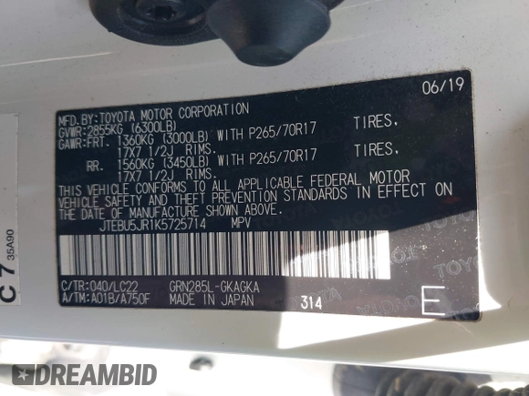2019 Toyota 4Runner SR5 with VIN JTEBU5JR1K5725714, listed as a IAAI auction lot 42565292 with 43,826 mi miles and . Bid and sale history available at DreamBid. Image 9.
