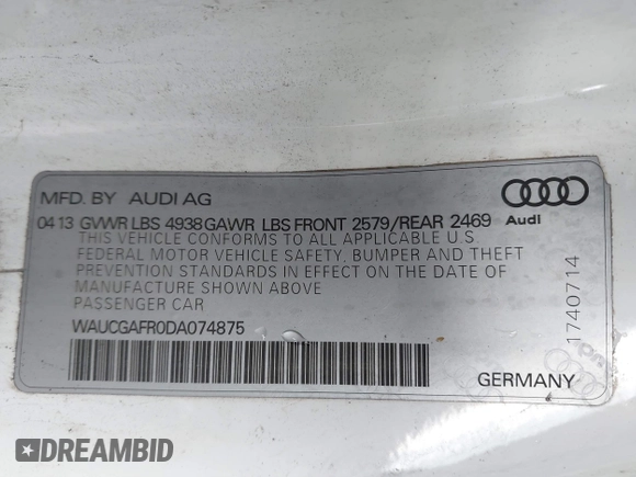 2013 Audi S5 Premium Plus with VIN WAUCGAFR0DA074875, listed as a IAAI auction lot 40936036 with 165,923 mi miles. Bid and sale history available at carsss.com. Image 9.