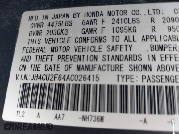2010 Acura TSX with VIN JH4CU2F64AC026415, listed as a IAAI auction lot 42451268 with 260,415 mi miles and . Bid and sale history available at DreamBid. Image 9.