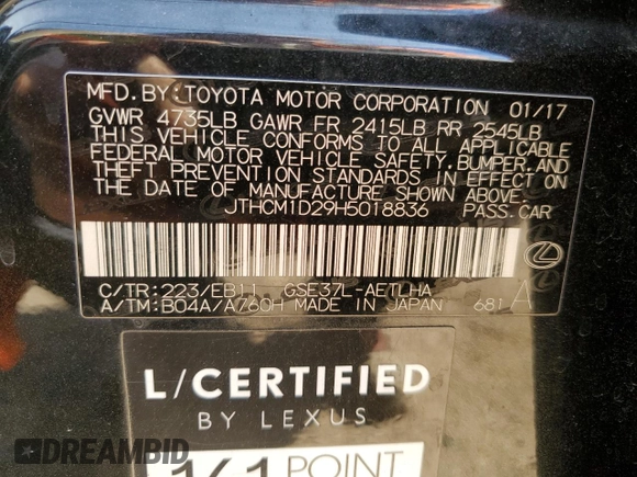 2017 Lexus IS 300 with VIN JTHCM1D29H5018836, listed as a Copart auction lot 49349415 with 76,456 mi miles and Salvage title. Bid and sale history available at DreamBid. Image 12.