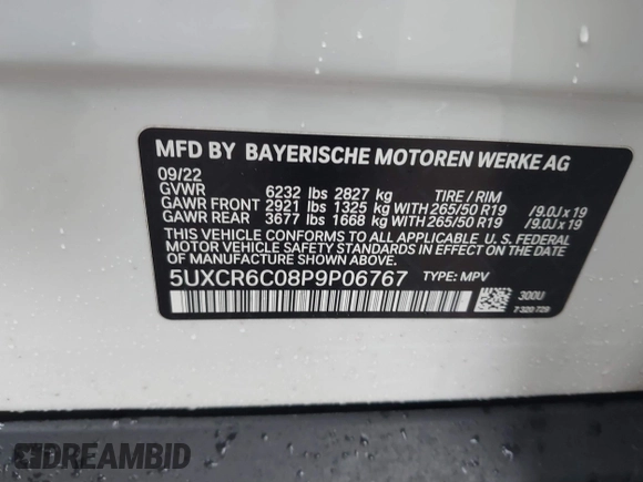 2023 BMW X5 xDrive40i with VIN 5UXCR6C08P9P06767, listed as a IAAI auction lot 41657006 with Not Provided miles and . Bid and sale history available at DreamBid. Image 9.