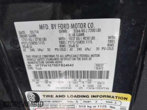 2014 Ford F-150 XL with VIN 1FTFW1ET5EFB24643, listed as a IAAI auction lot 42201896 with 248,920 mi miles and . Bid and sale history available at DreamBid. Image 9.