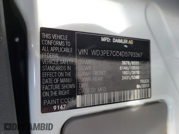 2013 Mercedes-Benz Sprinter Cargo with VIN WD3PE7CC4D5793367, listed as a IAAI auction lot 42122757 with 182,408 mi miles. Bid and sale history available at carsss.com. Image 9.