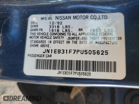 1993 Nissan Sentra with VIN JN1EB31F7PU505625, listed as a Copart auction lot 88373035 with 226,293 mi miles and Salvage title. Bid and sale history available at DreamBid. Image 12.