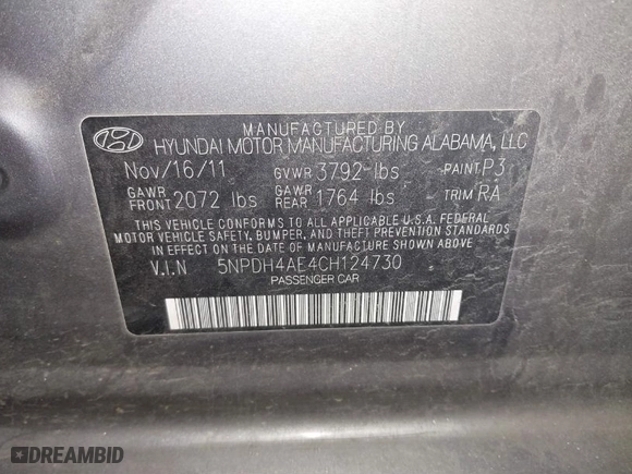 2012 Hyundai Elantra Limited with VIN 5NPDH4AE4CH124730, listed as a IAAI auction lot 41379631 with 175,790 mi miles. Bid and sale history available at carsss.com. Image 9.