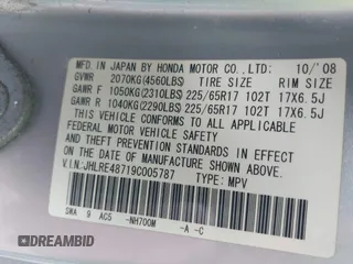 2009 Honda CR-V EX-L with VIN JHLRE48719C005787, listed as a IAAI auction lot 42016620 with 136,624 mi miles and . Bid and sale history available at carsss.com. Image 9.