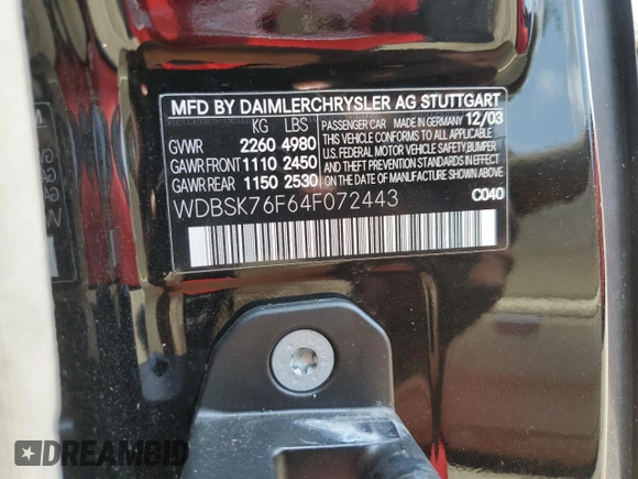2004 Mercedes-Benz SL z VIN WDBSK76F64F072443, wystawiony jako Copart lot #56370125 z przebiegiem Nie podano mil oraz Tytuł czysty. Historia ofert i sprzedaży dostępna na DreamBid. Obrazek 12.