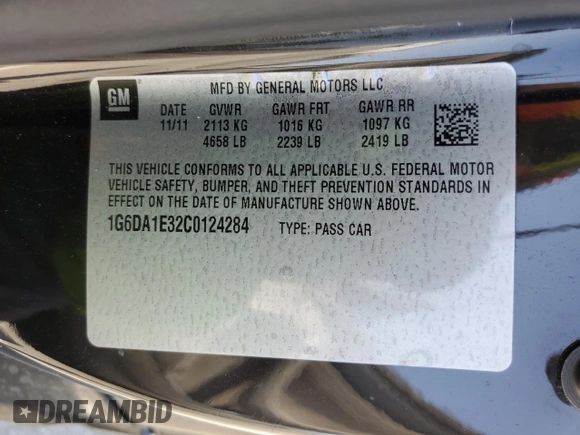 2012 Cadillac CTS with VIN 1G6DA1E32C0124284, listed as a Copart auction lot 62160825 with 78,557 mi miles and Salvage title. Bid and sale history available at DreamBid. Image 12.