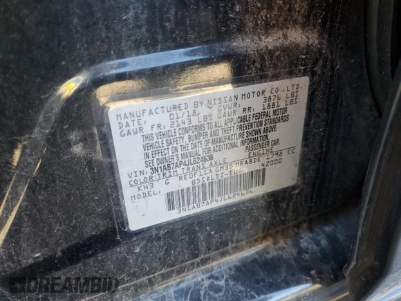 2018 Nissan Sentra SV with VIN 3N1AB7AP4JL624636, listed as a Copart auction lot 48145335 with 114,516 mi miles and Salvage Title. Bid and sale history available at DreamBid. Image 12.