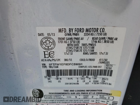 2013 Ford F-150 XL with VIN 1FTFW1EF8DFC59091, listed as a Copart auction lot 61582485 with 107,640 mi miles and Salvage title. Bid and sale history available at DreamBid. Image 12.