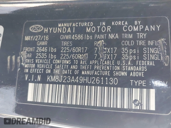 2017 Hyundai Tucson SE with VIN KM8J23A49HU261130, listed as a IAAI auction lot 42093943 with 104,680 mi miles and . Bid and sale history available at DreamBid. Image 9.