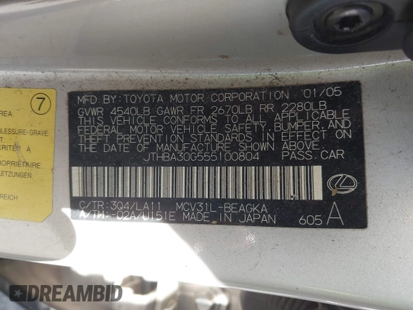 2005 Lexus ES 330 with VIN JTHBA30G555100804, listed as a IAAI auction lot 41595677 with 259,404 mi miles. Bid and sale history available at carsss.com. Image 9.