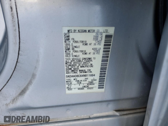 2004 Infiniti QX56 with VIN 5N3AA08C64N811684, listed as a Copart auction lot 87971055 with 214,795 mi miles and Salvage Title. Bid and sale history available at carsss.com. Image 13.