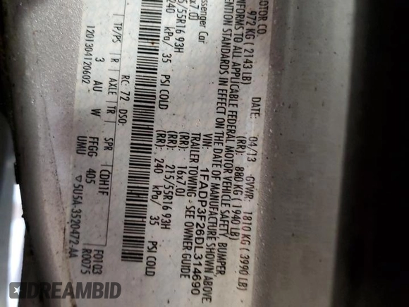 2013 Ford Focus SE z VIN 1FADP3F26DL314690, wystawiony jako Copart lot #58408575 z przebiegiem Nie podano mil oraz Szkoda całkowita • Salvage title. Historia ofert i sprzedaży dostępna na DreamBid. Obrazek 12.