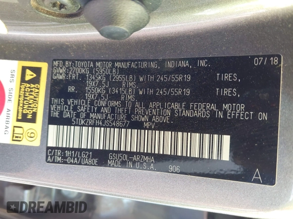 2018 Toyota Highlander SE with VIN 5TDKZRFH4JS548677, listed as a IAAI auction lot 42171321 with 94,205 mi miles and . Bid and sale history available at DreamBid. Image 9.