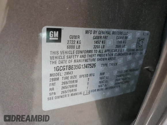 2016 Chevrolet Colorado 4WD WT с VIN 1GCGTBE35G1347526, выставлен на аукционе Copart как лот 54910615 с пробегом Не указан миль и На запчасти • Non repairable. История ставок и продаж доступна на DreamBid. Изображение 12.