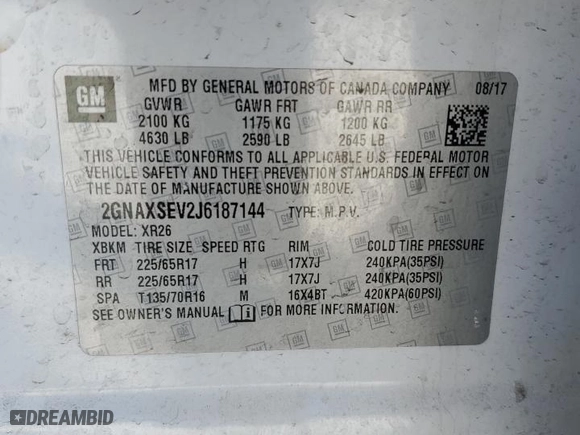 2018 Chevrolet Equinox LT with VIN 2GNAXSEV2J6187144, listed as a Copart auction lot 45956825 with 104,363 mi miles and Salvage Title. Bid and sale history available at carsss.com. Image 14.