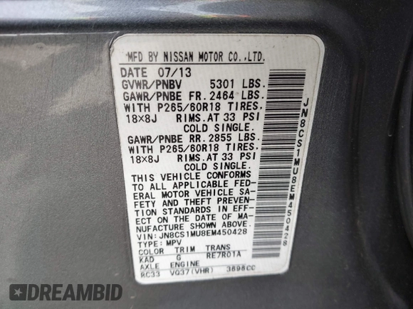 2014 Infiniti QX70 with VIN JN8CS1MU8EM450428, listed as a IAAI auction lot 42233727 with 88,342 mi miles and . Bid and sale history available at DreamBid. Image 9.