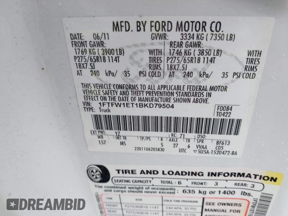 2011 Ford F-150 XLT with VIN 1FTFW1ET1BKD79504, listed as a IAAI auction lot 42307381 with 167,695 mi miles and . Bid and sale history available at DreamBid. Image 9.