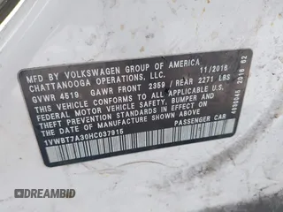 2017 Volkswagen Passat SE with VIN 1VWBT7A30HC037915, listed as a IAAI auction lot 42093170 with 98,968 mi miles and . Bid and sale history available at DreamBid. Image 9.